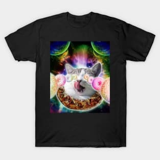 Funny Space Pizza Cat With Rainbow Laser Donut Eyes T-Shirt